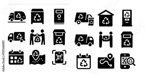 Recycling and waste management icons set – solid, filled, eco and sustainability symbols