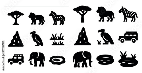 African safari silhouette icons set – wildlife, nature, adventure symbols