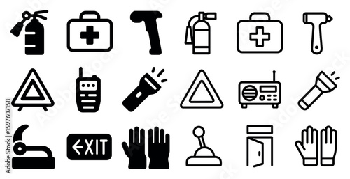 Emergency response icons set – solid, filled, safety and rescue symbols