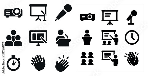 Conference and presentation icons set – silhouette, solid, meeting and speech graphics
