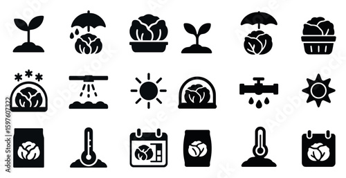 Gardening and agriculture solid icons set – filled, farming, plant care symbols