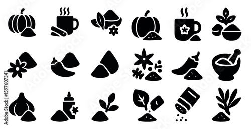 Spices and herbs solid icons set – filled, culinary seasonings and condiment symbols