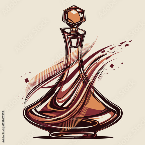 Abstract wine decanter vector representation with geometric shapes and flowing lines, artistic and conceptual look
