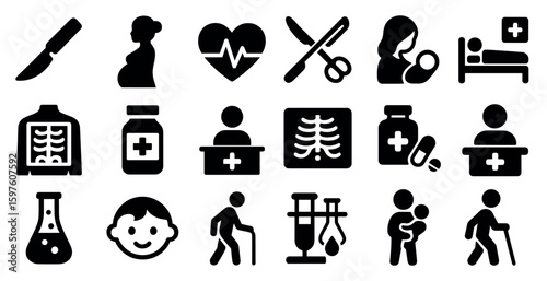Healthcare and medical solid icons set – filled, hospital, wellness symbols