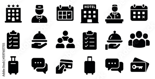 Hotel and hospitality solid icons set – filled, booking and travel symbols
