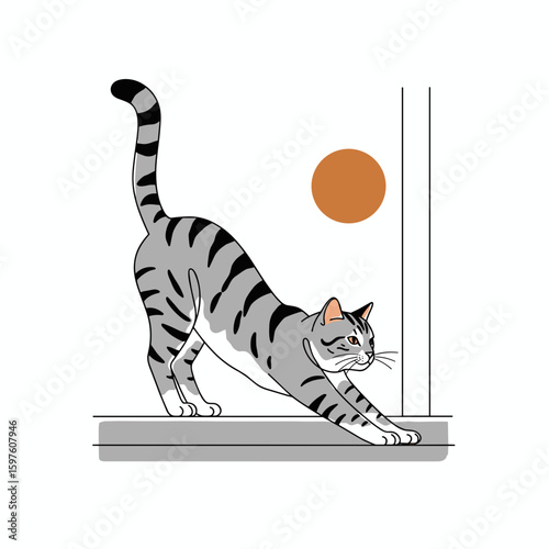 Cat on windowsill stretching gracefully, minimalist black and white line drawing with warm amber and light grey accents on white background