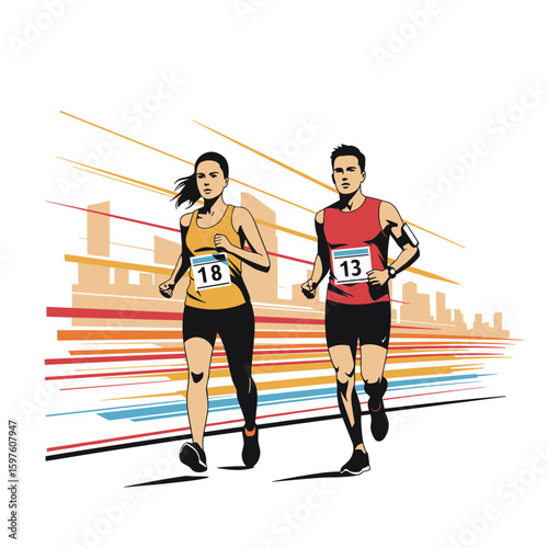 Two runners mid-stride during a race with energetic mood, bold outlines, and numbered bibs against an urban background with blurred motion