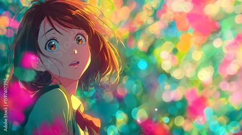 A young anime girl with wide curious eyes caught in a moment of wonder amidst a vibrant bokeh filled spring garden with