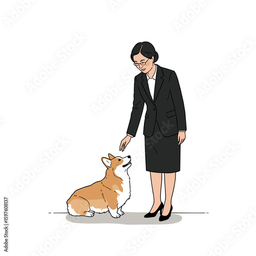Chinese woman in power suit gently petting a corgi with calm and confident mood, minimalist black and white line drawing vector logo with pastel colors on white background