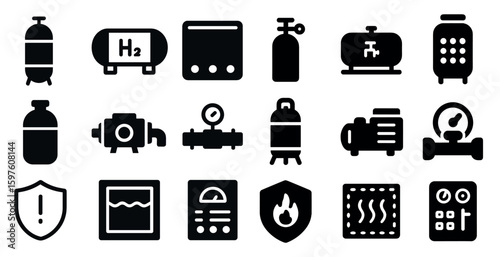 Industrial and machinery solid icons set – filled, equipment, tools symbols