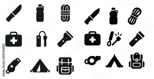 Camping adventure solid icons set – filled, outdoor equipment and hiking symbols