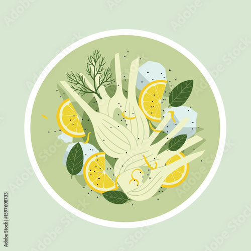 Fennel and lemon zest salad with poppy seeds and mint, minimalistic Nordic-style flat vector illustration with pale green, citrus yellow, soft white, and ice blue colors