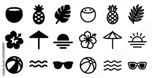 Tropical paradise silhouette icons set – outline, filled, beach and vacation symbols