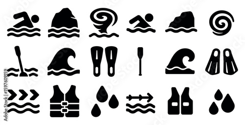 Water sports solid icons set – silhouette, aquatic, recreation and activity symbols