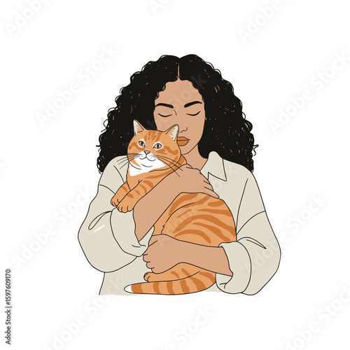 Minimalist black and white vector of a woman with curly hair hugging a plump orange cat, simple line art with soft pastel tones on white background