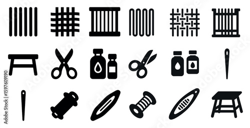 Sewing and craft solid icons set - filled, needlework and diy design symbols
