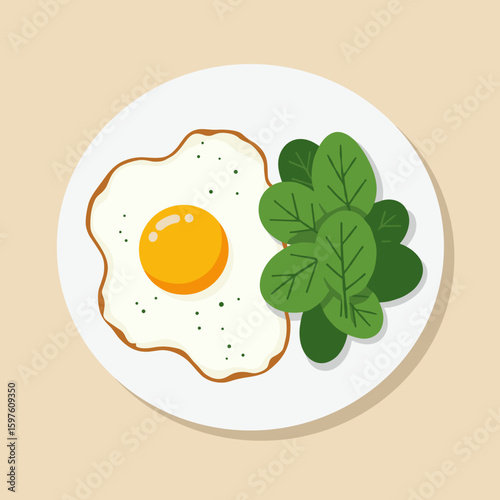 Sunny-side-up egg with sautéed spinach flat vector illustration, clean food styling, healthy breakfast theme, pastel background