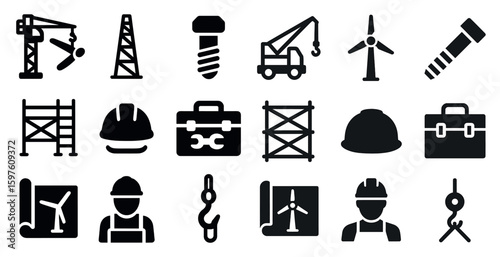 Construction and industrial solid icons set – filled, engineering, and tools graphics