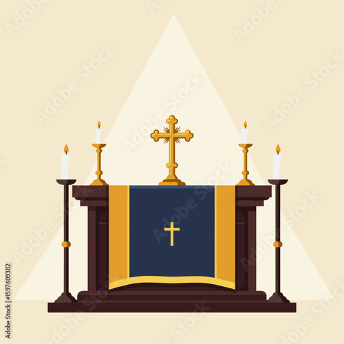 Traditional altar with golden cross and burning candles, serene sacred atmosphere, warm soft lighting, flat vector style, peaceful religious illustration