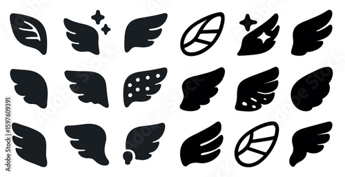 Wing silhouette icons set – filled, solid, graphic and aviation symbols