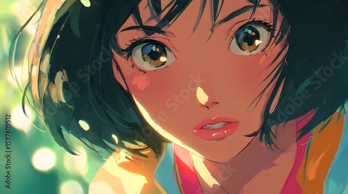 An anime girl looks intensely her large eyes shining with youthful wonder and curiosity against a backdrop of dreamy sun