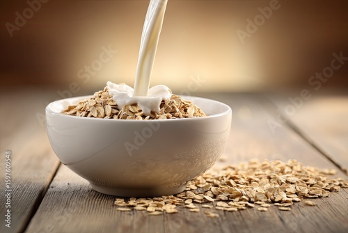 Milk pouring over a bowl of oatmeal