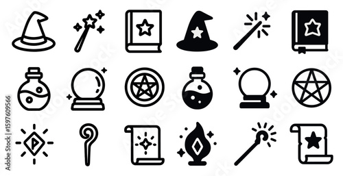 Magic and wizardry icons set – silhouette, enchanted, mystical symbols