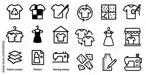 Recycling and fashion line icons set – upcycling, sewing, eco-friendly designs