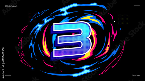 3D Number Three Typography with Neon Halftone Gradient - Vibrant Pop Art Vector for Posters, Kids Learning and Creative Projects