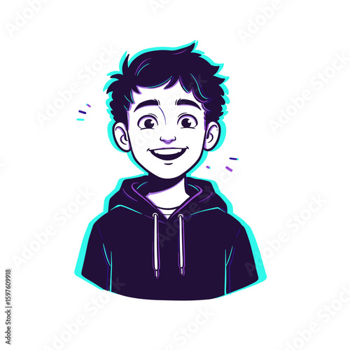 Minimalist black and white line drawing of boy with tousled hair smiling with wide eyes and hands in hoodie, turquoise and violet accents, vector illustration on white background