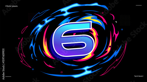 3D Number Six Typography with Neon Halftone Gradient - Vibrant Pop Art Vector for Posters, Kids Learning and Creative Projects