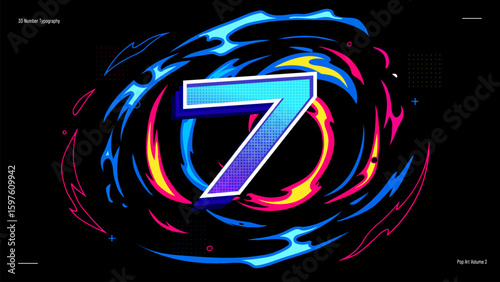 3D Number Seven Typography with Neon Halftone Gradient - Vibrant Pop Art Vector for Posters, Kids Learning and Creative Projects