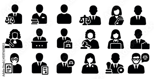 Legal and justice silhouette icons set – lawyer, courtroom, law symbols