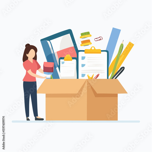 Flat vector illustration of a staff member organizing office supplies from a box: pens, staplers, paper, folders, and sticky notes