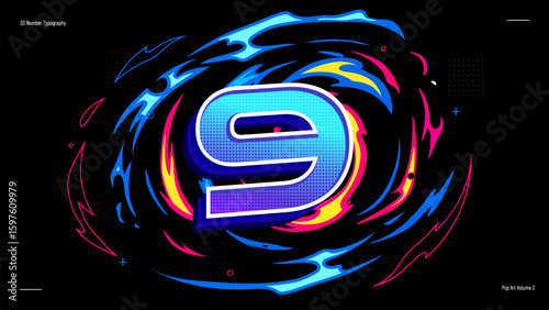 3D Number Nine Typography with Neon Halftone Gradient - Vibrant Pop Art Vector for Posters, Kids Learning and Creative Projects