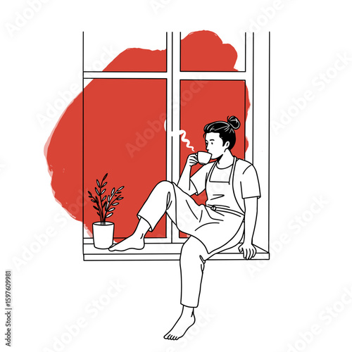 Barista resting and sitting on windowsill drinking tea with calm and peaceful mood, minimalist black and white line illustration with a single splash of red for contrast, vector style on white backgro