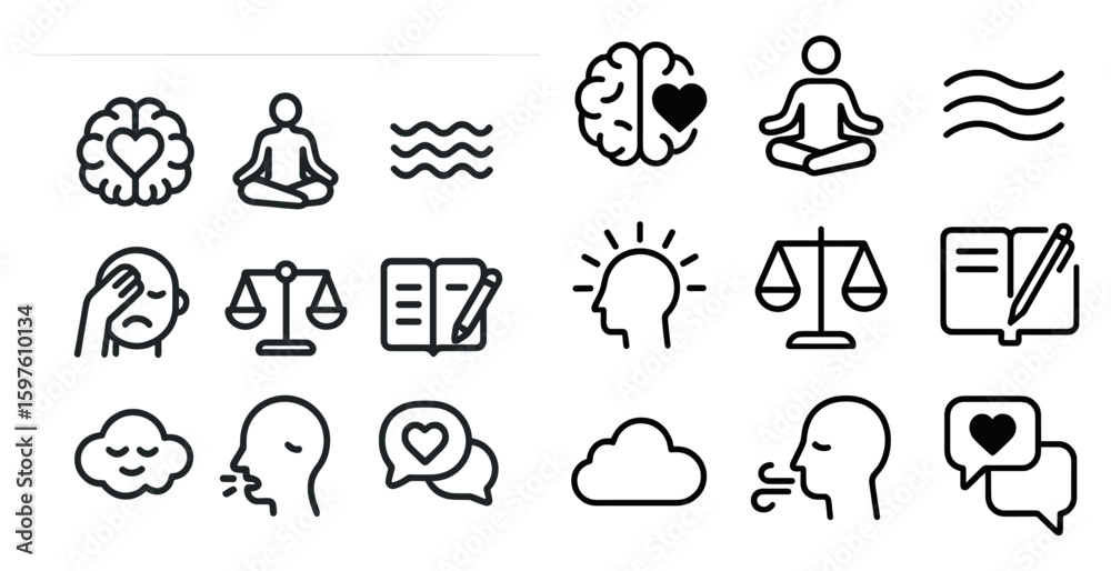 Fototapeta premium Mindfulness and meditation icons set - outline, line, mental wellness symbols