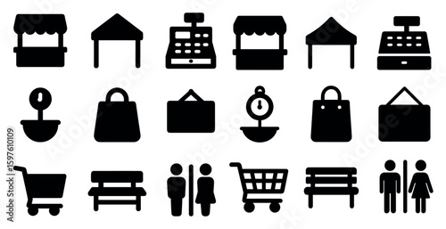 Marketplace silhouettes icons set – solid, filled, shopping and retail symbols