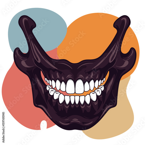 Jawbone stylized vector illustration, bold mood, artistic curves with highlighted teeth, abstract background