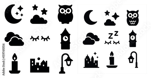 Nighttime silhouette icons set – solid, filled, moon and sleep symbols for design