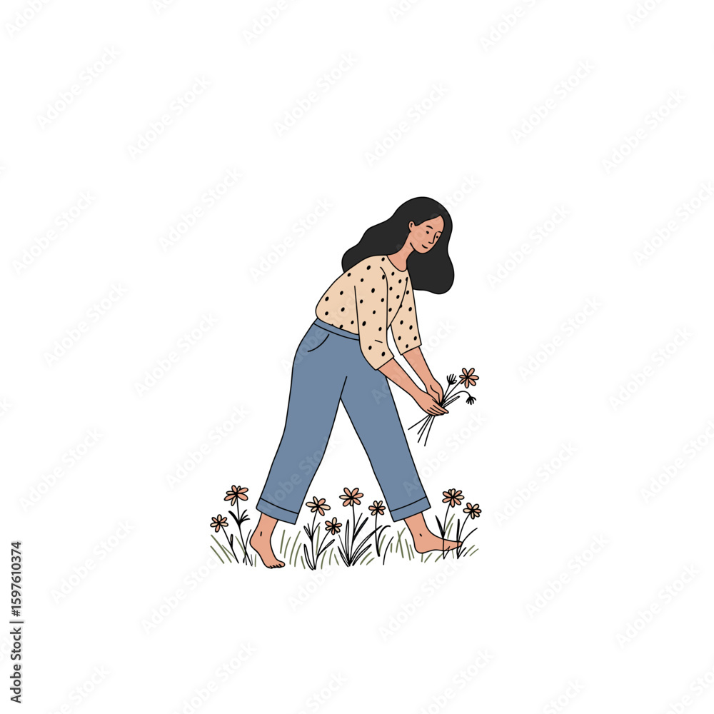 Fototapeta premium Woman picking wildflowers barefoot, minimalist black and white line drawing with pastel accents on white background
