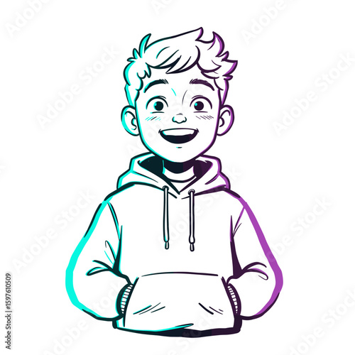 Boy with tousled hair smiling with wide eyes and hands tucked into hoodie, minimalist black and white line drawing with bright turquoise and violet accents, vector illustration on white background