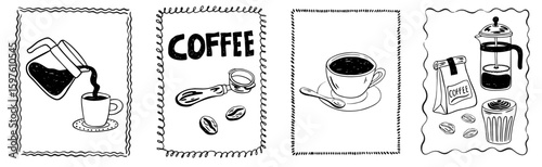 Hand drawn coffee chalk vintage posters. Whimsical drawings of coffee in doodle ink, chalk, crayon style. La dolce vita breakfast. Vector  line art for prints, placards, menus in cafe or restaurant.
