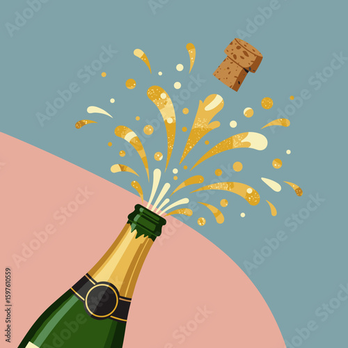 Champagne bottle popping with cork and bubbly spray vector illustration, joyful celebration, flat festive style with golden accents 
