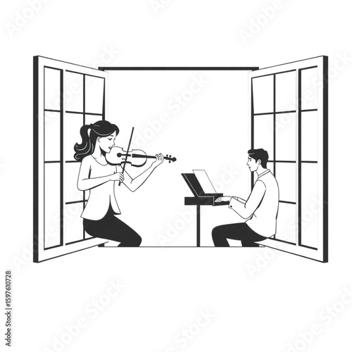 A violinist harmonizing with a pianist through an open window
