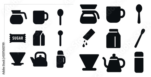 Coffee essentials silhouette icons set – minimalist, kitchen and beverage symbols