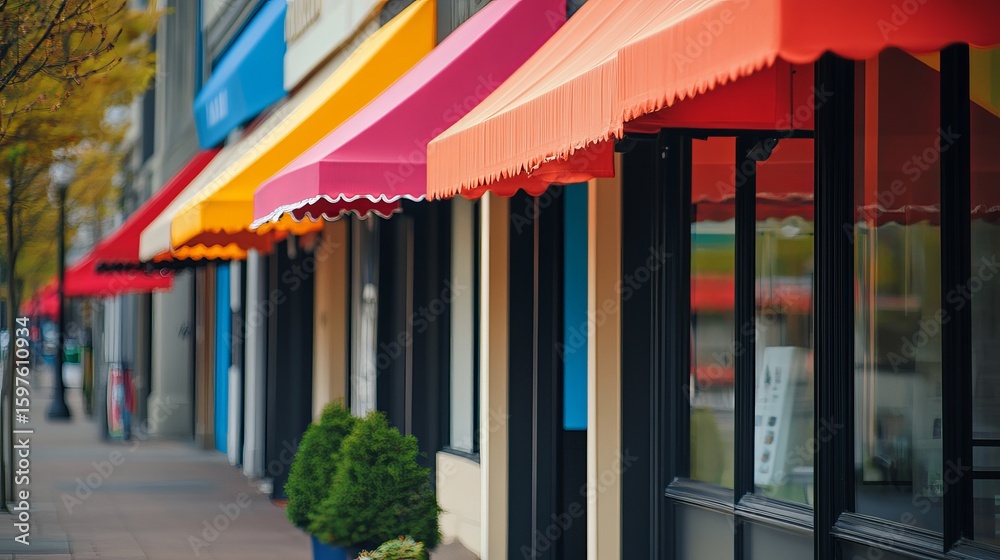 Obraz premium Vibrant storefront awnings line a charming street, inviting shoppers into businesses on a bright day.