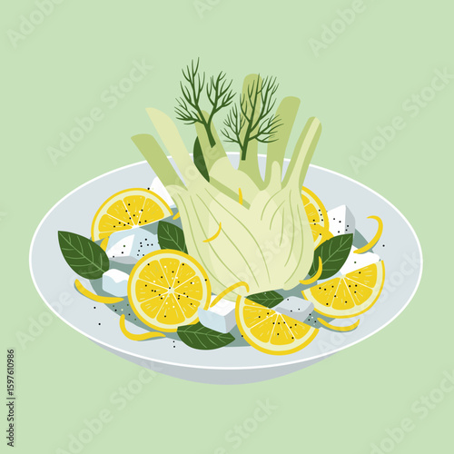 Minimalistic Nordic-style fennel and lemon zest salad with poppy seeds and mint, flat vector illustration with pale green, citrus yellow, soft white, and ice blue tones