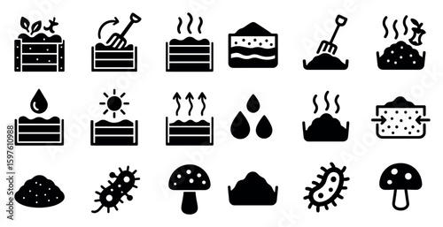 Gardening and composting solid icons set – silhouette, filled, horticulture symbols