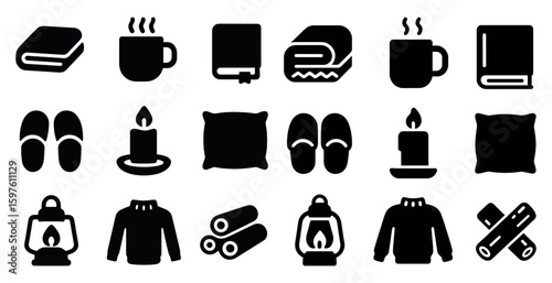 Cozy home silhouette icons set – filled, solid, living space and comfort symbols